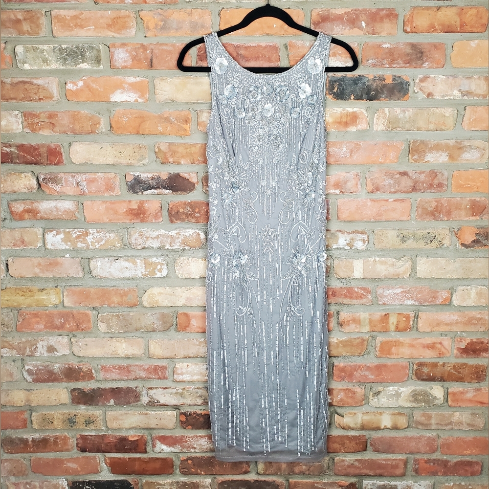 Theia Silver-Grey Embellished Midi Dress